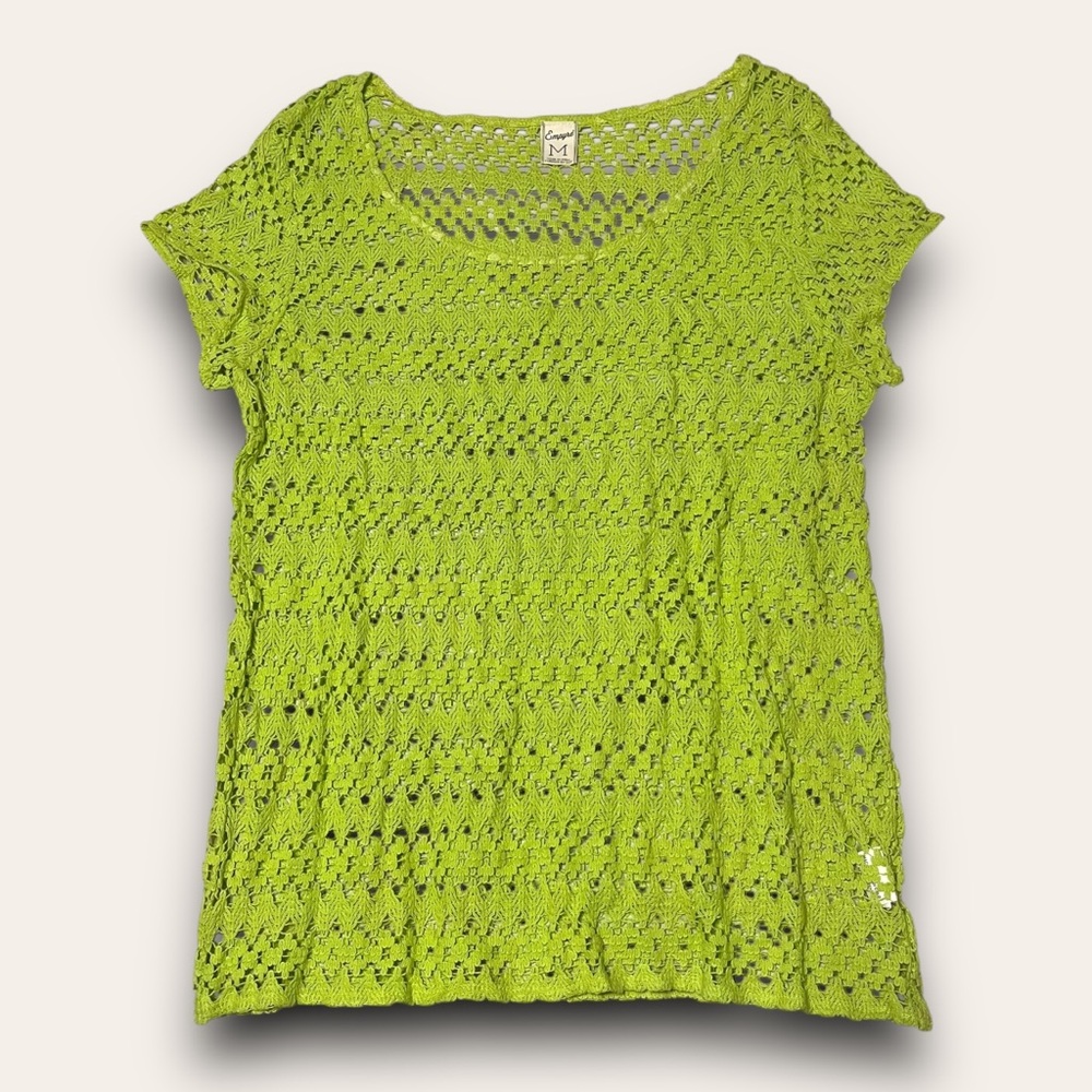 Y2K Lime Green Crochet Top Cap Sleeves Empyre Size Medium Beach Swim Festival